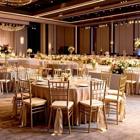 Banquet hall with round tables and gold chairs