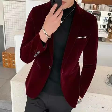 Burgundy velvet blazer with black turtleneck