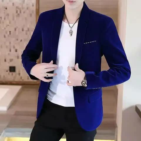 Royal blue velvet blazer with white tee