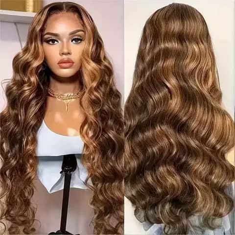 A long caramel-brown body-wave wig shown on a mannequin front and back.