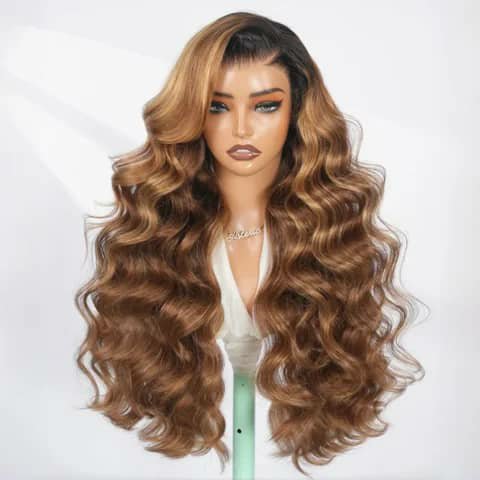 A long body-wave wig in honey blonde with dark roots on a mannequin head.