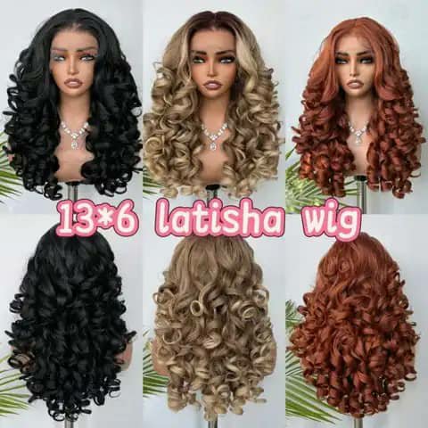 Six views of curly wigs in black, blonde and copper on mannequin heads, with "13x6 latisha wig" text across the middle.