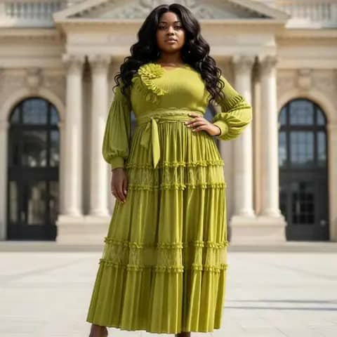 A woman wearing a long chartreuse tiered dress with long sleeves and a waist tie, outdoors.