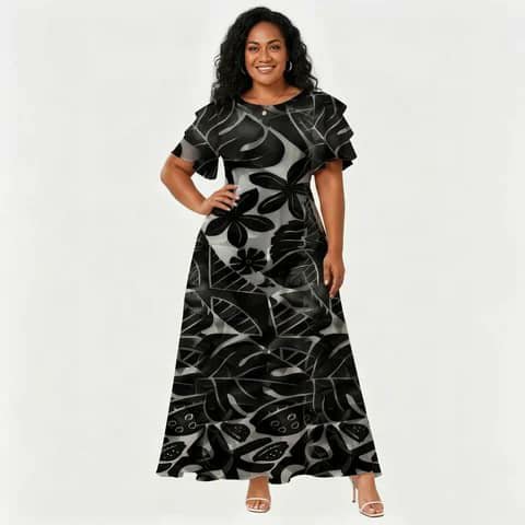 A woman wearing a long black-and-grey leaf-print dress with ruffled sleeves.