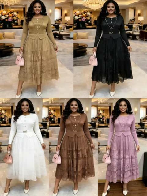 Five views of a long-sleeve tiered lace dress shown in khaki, black, white, brown, and pink.