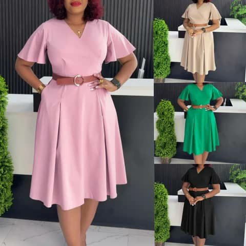 A V-neck flared dress with a belt, shown in pink with smaller views in beige, green and black.