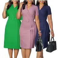 Three women wearing short-sleeve wrap dresses in green, pink, and navy, holding handbags.