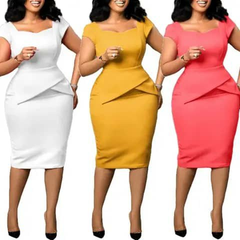 Three women wearing fitted peplum dresses in white, mustard and coral.