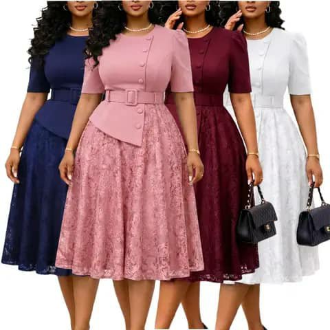 Four women wearing lace dresses in navy, pink, burgundy and white with buttoned tops and belts.