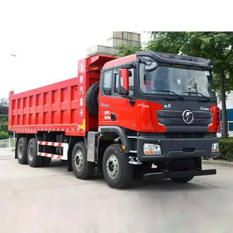 Red dump truck, front view