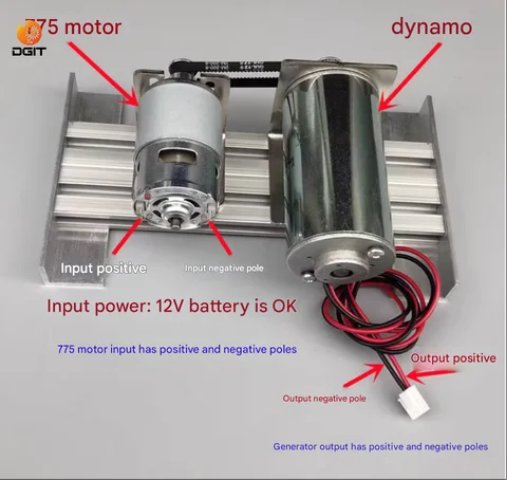 775 motor and dynamo on a rail with labeled wiring