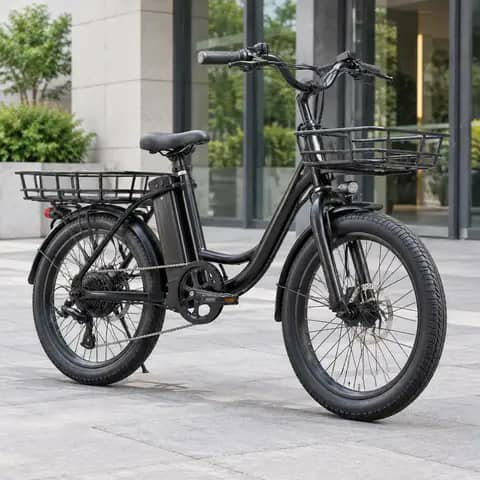 Black electric bicycle with fat tyres and front and rear baskets