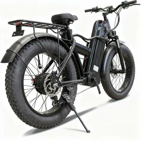 Black fat-tyre electric bike with rear rack, rear view