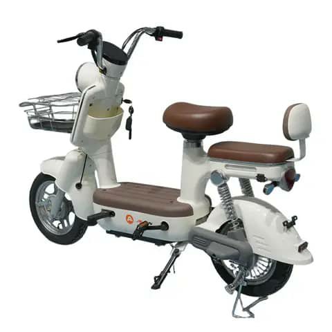 White electric scooter with brown seats and front basket