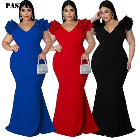 Three women wearing mermaid evening gowns in blue, red and black with ruffled shoulders.