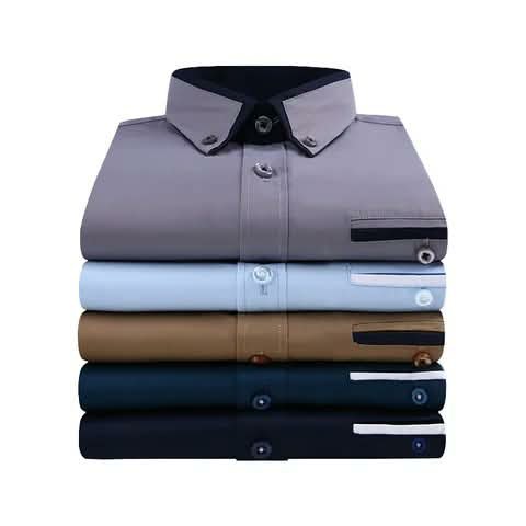 Folded shirts with trim pockets, stacked in five colours.