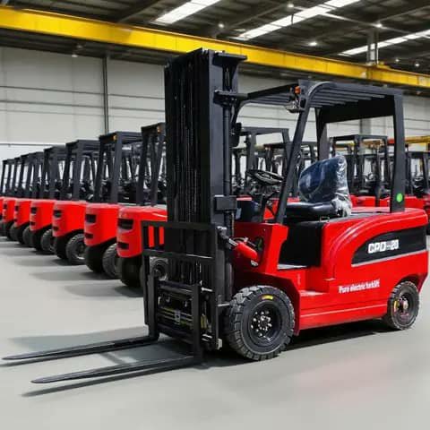 Red electric forklift CPD20 in a row of forklifts