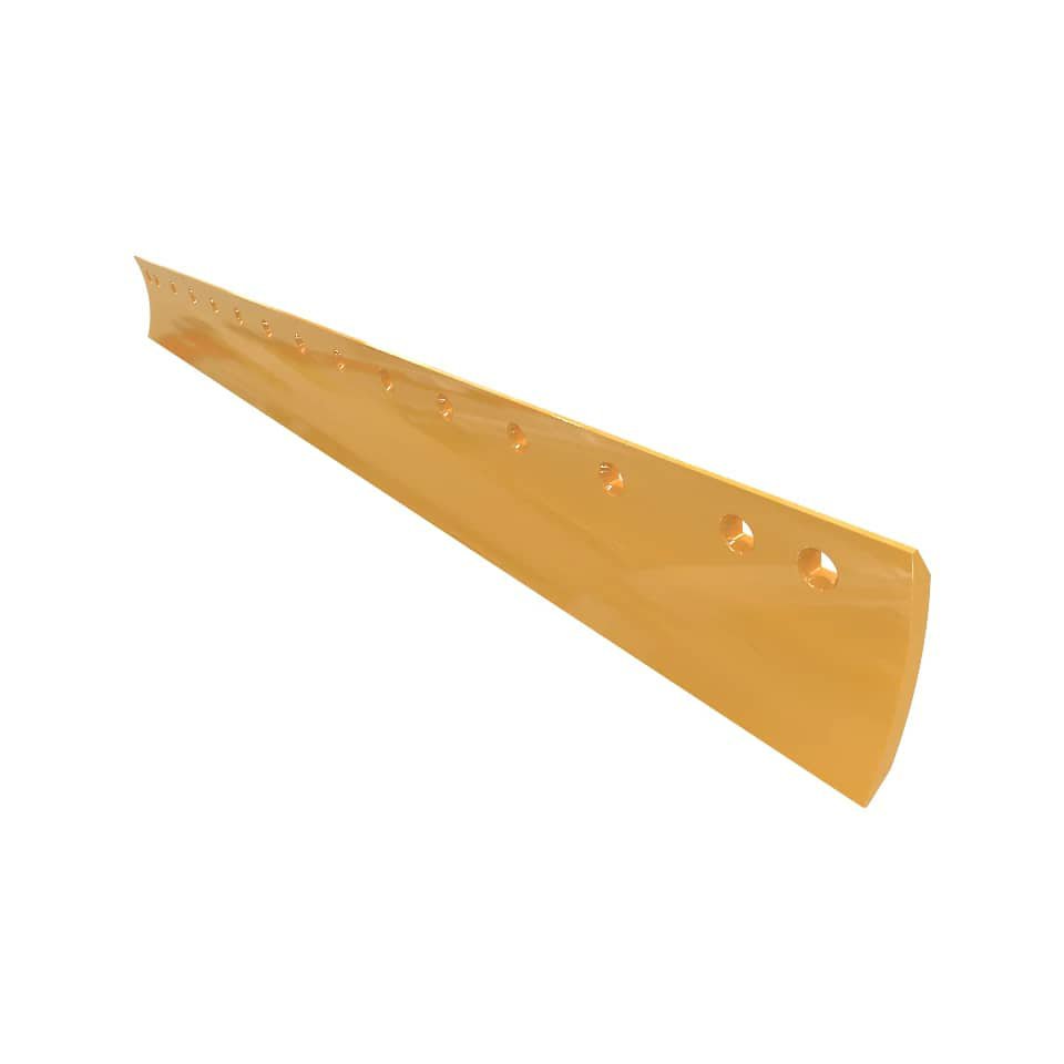 A long yellow grader blade with a row of bolt holes, on a white background.
