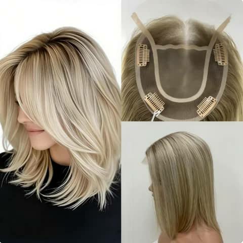 Blonde bob wig shown worn, plus its clip cap and side view