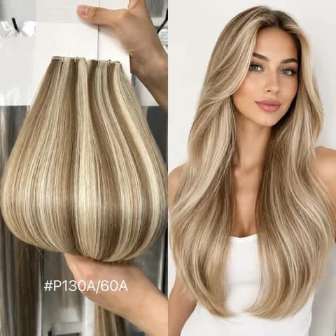 A hand holding a blonde highlighted hair weft bundle beside a woman wearing long blonde highlighted hair.