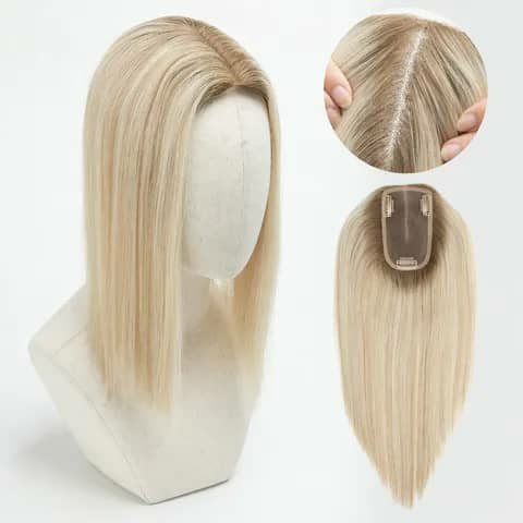 Blonde straight hair topper on a mannequin, with part and clip views