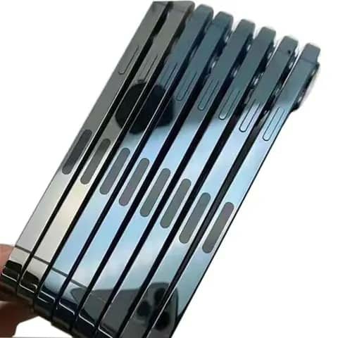 Six iPhones held, shown from the side, dark finishes