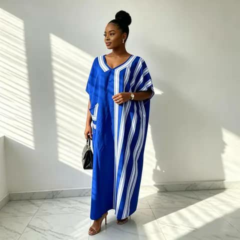 A woman wearing a loose blue and white striped kaftan, holding a black handbag.