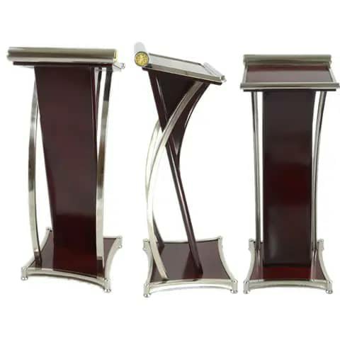 Wooden lectern with chrome frame, three views
