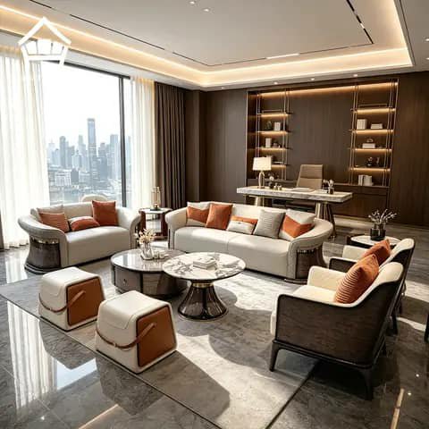 Beige and brown living room set with sofa, armchair, ottomans and coffee table
