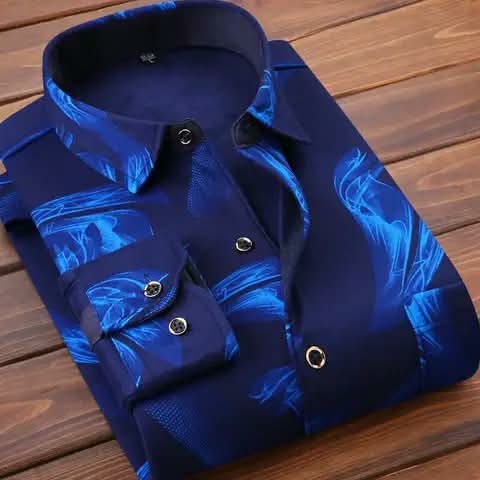 A navy shirt with a blue flame print.