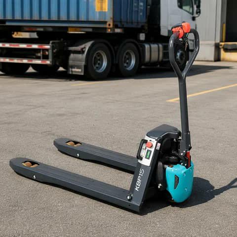 Teal electric pallet jack parked outdoors