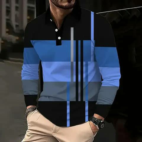 Patterned long-sleeve polo with beige trousers