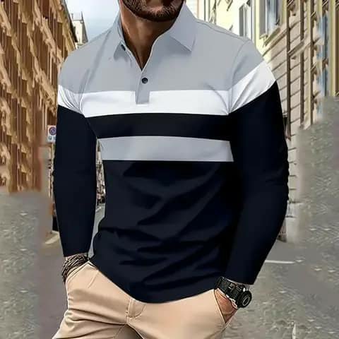 Striped long-sleeve polo with beige trousers
