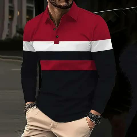 Striped long-sleeve polo with beige trousers