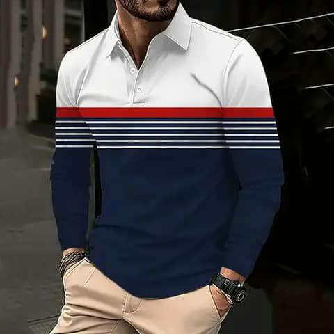 Striped long-sleeve polo with beige trousers