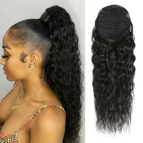 A dark curly ponytail extension shown worn in a high ponytail and as the loose piece from the back.