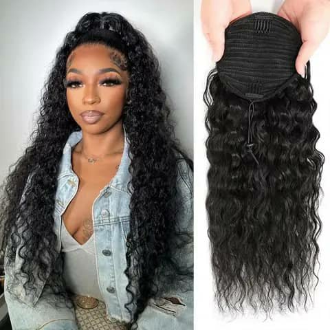 A long dark deep-wave ponytail extension shown worn and as the loose piece with its drawstring.