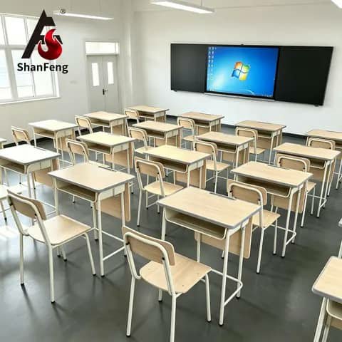 Classroom with wooden desks and chairs