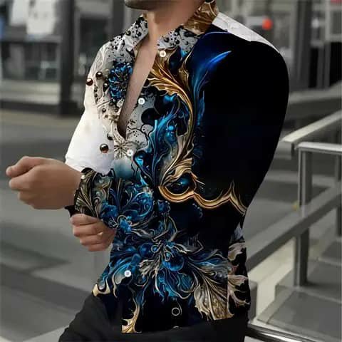 Blue and gold patterned shirt