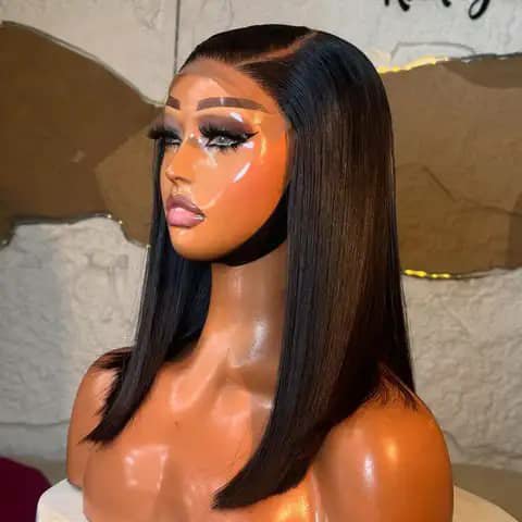 A straight dark-brown bob wig on a mannequin head.