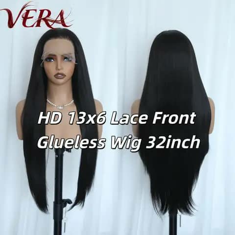 A very long straight black wig shown front and back on a stand, with text overlay describing it as an HD lace-front glueless wig.