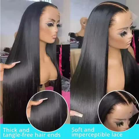 Two views of a very long straight black wig on a mannequin with close-up circles and a blue banner at the bottom.