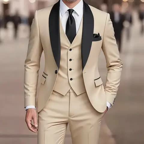 Beige three-piece suit with black lapels and black tie