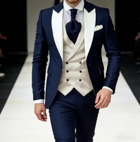Navy suit with ivory lapels and vest
