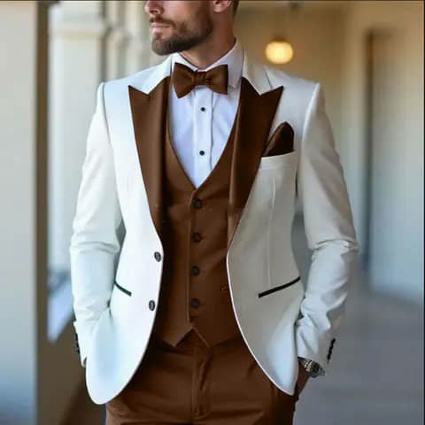 White suit with brown vest, trousers and bow tie