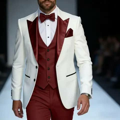 White suit with burgundy vest, trousers and bow tie