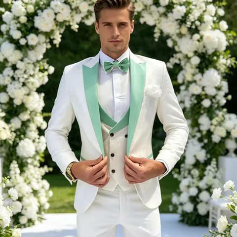 White suit with mint lapels and bow tie at a wedding