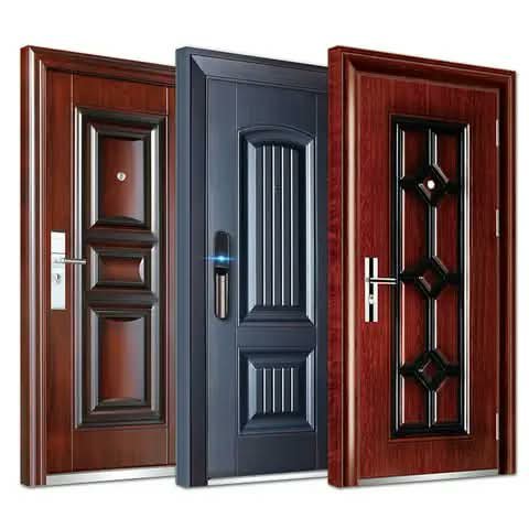 Three security doors — two in wood tones, one dark grey.