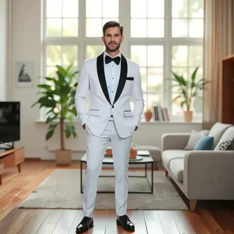White tuxedo suit with black lapels and bow tie