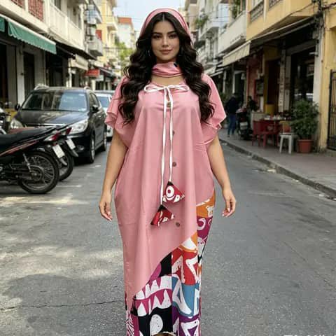 A woman wearing a pink hooded tunic with tassel ties and colourful patterned trousers, standing on a street.
